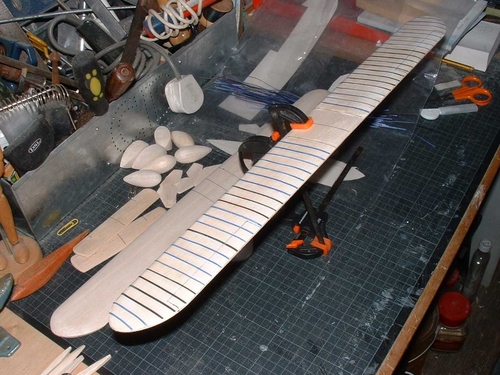Sikorsky S-38 Amphibian and Miles Mohawk
The wing is set up for drying out prior to doping on lightweight tissue,this will be applied wet and doped through,it then settles and goes milky coloured,this vanishes when dry and another coat of clear dope is added.
Keywords: SIKORSY S-38 EXPLORERS YACHT,Solid models,carving models in wood,Solid model memories,old time model building,nostalgic model building