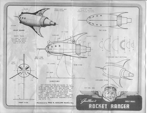 Guillows Rocket Ranger Kit
(bmp format, -- dpi, 749 KB).

[b]Click on image to download file in original format[/b]

[i]These plans are placed here in review of their accuracy and historical content. They are for personal use only and not to be reproduced commercially. Copyrights remain with the original copyright holders and are not the property of Solid Model Memories. Please post comment regarding the accuracy of the drawings in the section provided on the individual page of the plan you are reviewing. If you build this model or if you have images of the original subject itself, please let us know. If you are the copyright holder of the work in question and wish to have it removed please contact SMM [/i]
Keywords: Guillows Rocket Ranger