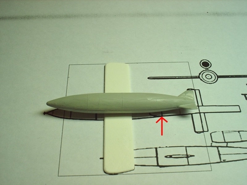 The fuselage of the V-1 and the section were it will be cut.
